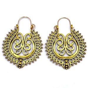 Yellow Gold Detailed Boho Scroll Dangling Drop Hinged Hook Earrings